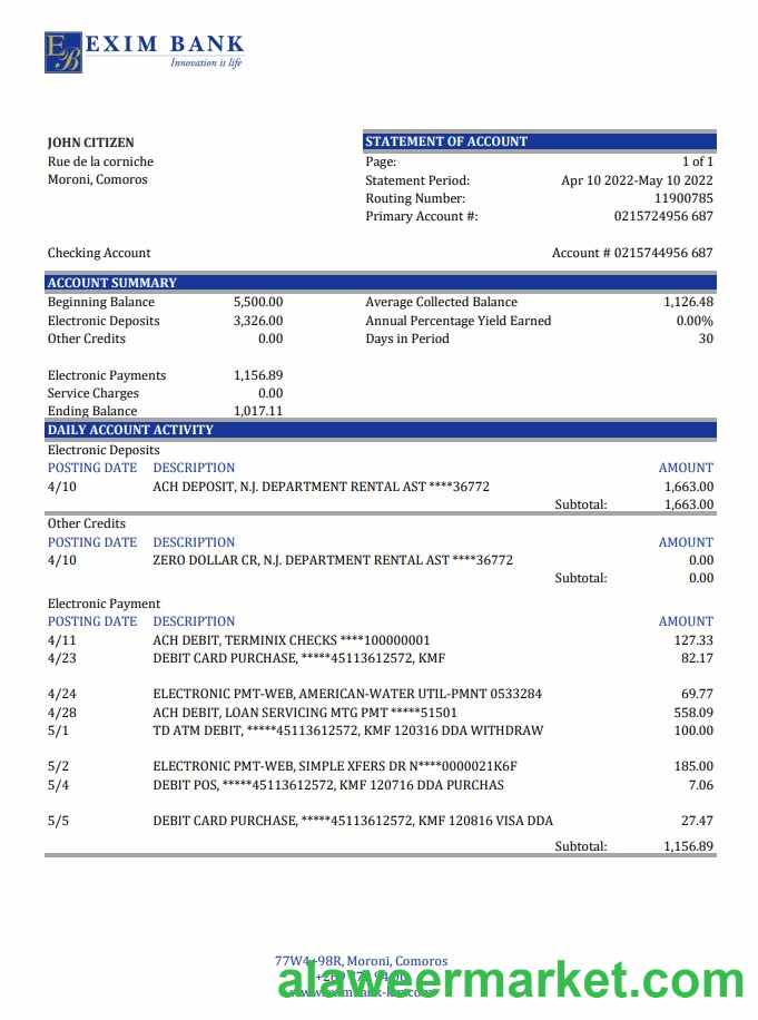 Comoros  Exim bank statement xls
